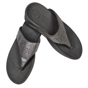 FitFlop Lulu Superglitz Silver Metallic Platform Thong Toe Post Sandals Size 7